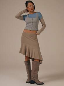 MUSERA Falda midi con detalle de dobladillo asimétrico y costuras, primavera-verano, estilo cottage acogedor y casual - Camel - Ver 2