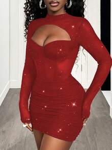 BamGleam Đầm dài tay bằng vải lưới đính sequin và gọng thép dành cho nữ, thích hợp cho mùa Thu/Đông. - Đỏ - Xem 8