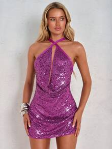 Glamine Women's Sexy Plunging Neckline Backless Mini Dress, Suitable For Date, Vacation - Purple - View 5