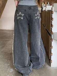 FRIFUL 女士宽松破洞阔腿牛仔裤，带星星贴片 - 灰色 - 查看 3