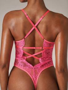 SHEIN BAE Floral Lace Criss Cross Lace Up Backless Teddy Bodysuit Lingerie - Hot Pink - View 8