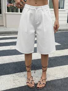 SHEIN Quần short Bermuda xếp ly rộng rãi màu trắng dành cho thiếu nữ - trắng - Xem 3
