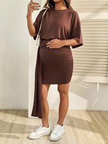 SHEIN Elegant Maternity Summer Dress, Simple Solid Color Loose Drop Shoulder Pleated Fitted Dress - Brown - View 4