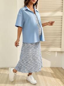 SHEIN 2pcs/Set Maternity Grey Sleeveless Dress + Blue Button Front Jacket, Casual Outfit - Blue - View 4