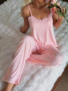 SHEIN Women's Knitted Ribbed Contrast Lace Heart Print Camisole And Long Pants Pajama Set, Suitable For All Seasons - Pink - View 7