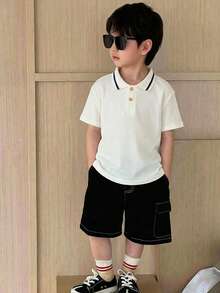 Young Boy Casual Daily Commute Versatile Textured Fabric Contrast Striped Trim Short Sleeve Polo Shirt, Summer - Beige - View 8