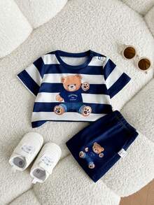 Newborn Baby Boy Cute Summer Knitted Cartoon Pattern Striped Short Sleeve T-Shirt And Shorts Set Baby Boy Summer Outfit Baby Boy Short Sets Baby Boy Bear Outfit Baby Boy Navy Shorts Baby Boy Clothes With Bears - Navy Blue - View 8