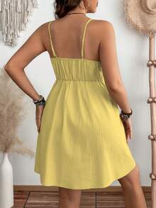 EMERY ROSE Plus Size Casual Daily Summer Pure Cotton Textured Fabric Pocket Waist Midi Strap Dress - Yellow - View 2