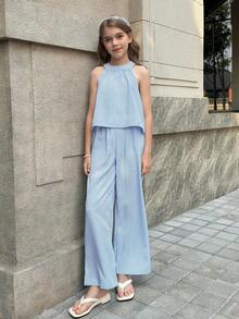 SHEIN 少女条纹吊带上衣和裤子休闲套装，百搭清新，充满活力，适合度假、旅行和户外活动，春夏款。 - 綠色 - 查看 5
