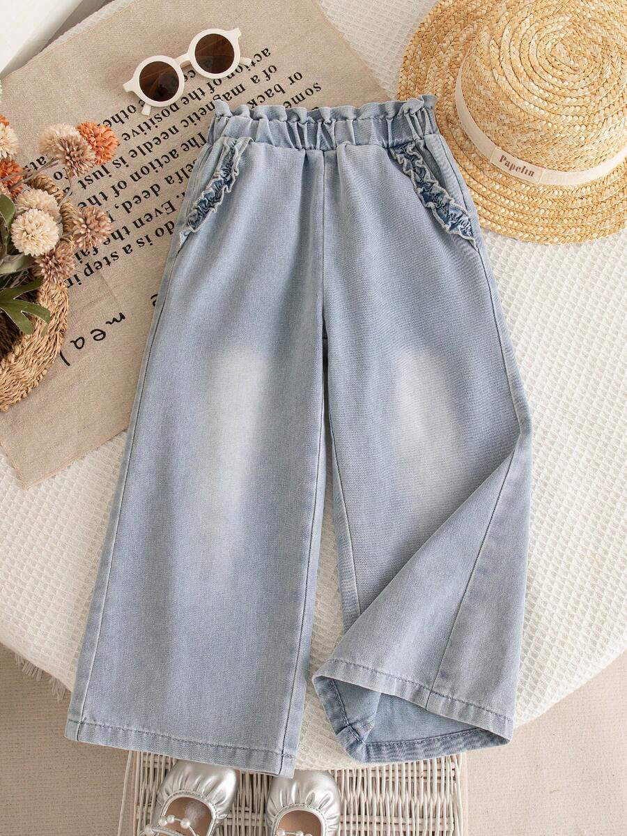 SHEIN 年轻女孩休闲波西米亚风假日平底阔腿牛仔裤，腰部平坦，口袋宽松，适合各种场合，适合日常穿搭。 - 淺色水洗藍 - 查看 1