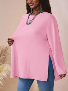 SHEIN CURVE+ Camiseta holgada de manga larga con cuello redondo, hombros caídos, bajo con abertura y unicolor, para mujer de talla grande, ropa de verano/otoño, CURVE PLUS - Rosa - Ver 2
