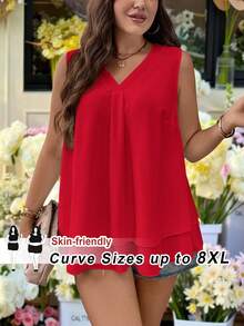 SHEIN CURVE+ 加大码 US22 音乐节、海滨度假、波西米亚情人节女士 V 领无袖荷叶边休闲衬衫 - 紅色 - 查看 1