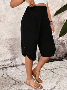 SHEIN PETITE CURVE 女士休闲抽绳腰百慕大短裤，百搭 - 黑色 - 查看 3