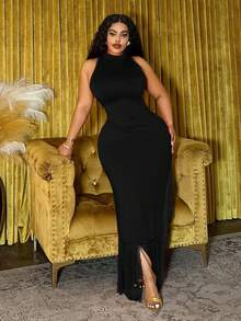 Veslaya Robe élégante et de tous les jours, décontractée, de sortie, de fête, de rendez-vous, de soirée, de mariage, de remise de diplôme, de bal. Robe ajustée rouge unie sans manches avec patchwork asymétrique à franges pour femmes de grande taille. Robe pour femmes, robe noire, robe wow - Noir - Voir 7