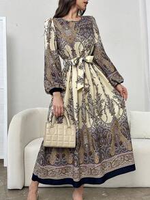 Al Najma 女士优雅阿拉伯风格梭织印花收腰喇叭泡泡袖连衣裙，春夏款 - 彩色 - 查看 3