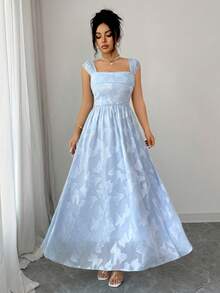 Modelyn 夏季法式浪漫高端提花无袖吊带束腰喇叭优雅连衣裙，女士款 - 藍色 - 查看 6