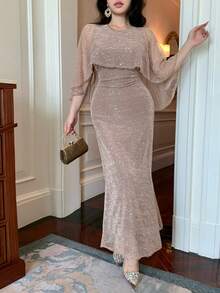 DAZY 亮片披肩收腰中长连衣裙（女款） - 杏色 - 查看 8