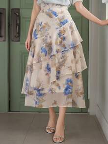 DAZY Women's Elegant Floral Ruffle Layered Skirt, Spring/Summer - Blue - View 1