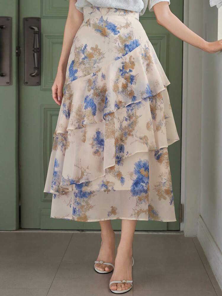 Women's Elegant Floral Ruffle Layered Skirt, Spring/Summer,Wedding Guest Skirt Women