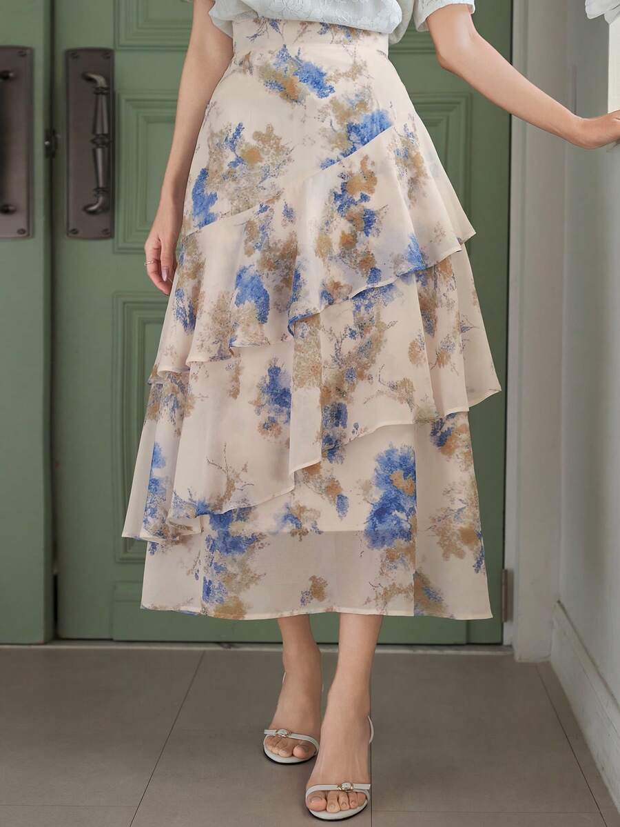 DAZY Women's Elegant Floral Ruffle Layered Skirt, Spring/Summer - Blue - View 1