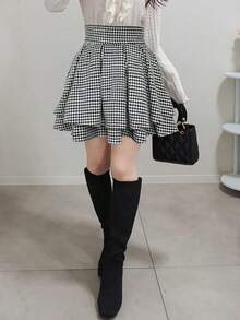 FRIFUL Women's Black Solid High Waist Pleated Short Casual Versatile Slim Fit Mini Skirt, Autumn/Winter - Black and White - View 7