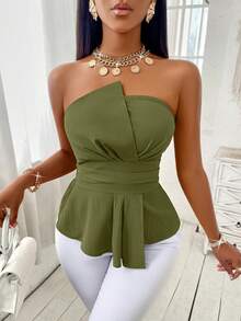 SOLERSUN Solid Ruched Asymmetrical Hem Tube Off Shoulder Top - Army Green - View 6