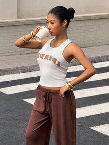 Muchica Women's Letter Embroidered Crew Neck Tank Top And Pants Knit Sportswear Set,Jogging Set,Spring Outfit Women, Going Out Outfits - Multicolor - View 5