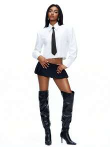 TypaGal Women's Y2K White Shirt With Shoulder Pads,Frayed Hem Necktie Bow Tie Top,Autumn Casual School Back-To-School Fashion,Long Sleeve Loose Minimalist - White - View 7