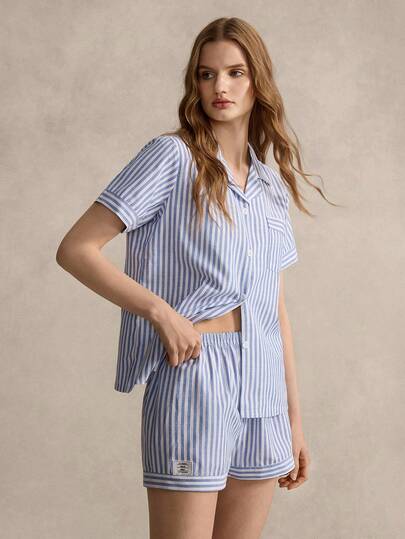 EverLounge Conjunto de pijama de top de bolsillo de una sola hilera de manga corta a rayas y pantalones cortos para mujer