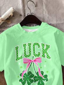 Tween Girls' St. Patrick's Day Bow & Clover T-Shirt,Light Green,Summer,Casual,School Minimalist Round Neck Short Sleeve Tee For Vacation,Festivals - Multicolor - View 4