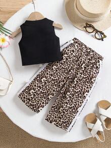 SHEIN 2 Pieces Summer Cute Vacation Knitted Black Vest And All-Over Leopard Print Pants Set With Bow Decoration On The Side - Black - View 4
