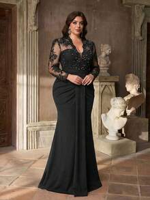Aureia Plus Size Elegant Romantic Apricot Deep V-Neck Floral Decor Waist Ruched Mermaid Hem Formal Evening Gown - Black - View 7