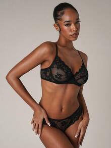 SHEIN BAE 2pcs/Set Lace-Trim Underwired Sexy Bra & Panty Lingerie Set For Women - Black - View 5