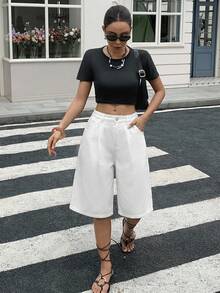 SHEIN Quần short Bermuda xếp ly rộng rãi màu trắng dành cho thiếu nữ - trắng - Xem 5