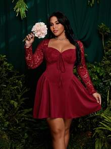 Roveilla Plus Size Women Vintage Holiday Lace Long Sleeve Princess Tulle Mini Dress, Sexy Party Cocktail Dress, Suitable For Spring, Autumn, Holiday Party, New Year, Valentine's Day, Wine Red Bodycon Dress, Sweetheart Neck Bodycon Dress, Suitable For Spring, Summer, Autumn - Burgundy - View 7
