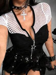 SHEIN Whyspr 大码暗黑系锐舞科切拉度假网眼拼接拉链T恤 - 彩色 - 查看 1