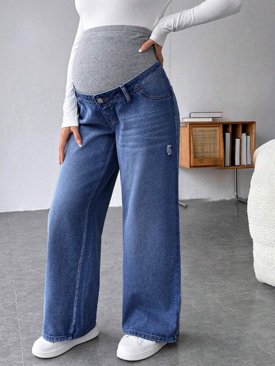 SHEIN Maternity Casual Loose Straight Leg Jeans With Waistband Patchwork - Medium Wash - View 1