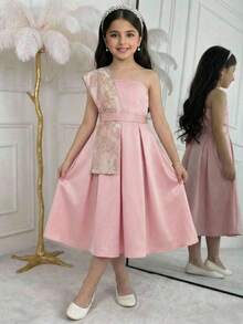 Vestido Jacquard com Um Ombro e Bainha Plissada para Meninas Pré-Adolescentes - Rosa Bebê - Visão 1