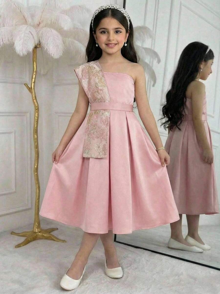 Vestido Jacquard com Um Ombro e Bainha Plissada para Meninas Pré-Adolescentes - Rosa Bebê - Visão 1