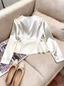 GlowEve CURVE Plus Size Women's Elegant U-Neck Long Sleeve Blouse, Suitable For Commuting In Early Spring - Apricot - View 2