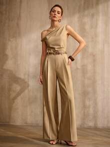 MOTF PREMIUM ASYMMETRICAL SHOULDER JUMPSUIT WITH BELT, VINTAGE STYLE, SPRING/SUMMER - Khaki - View 5