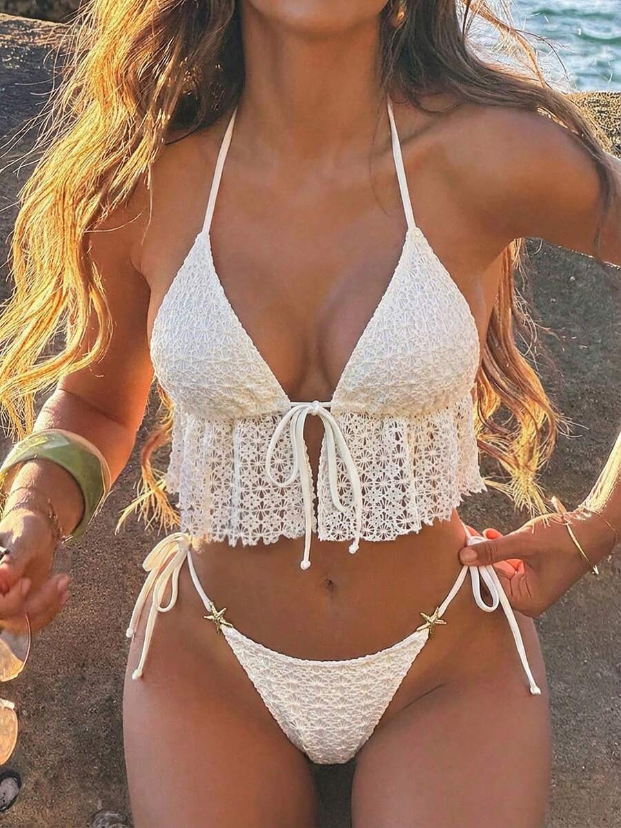 Elavelle 女士春夏提花面料吊带系带金属装饰吊带比基尼上衣 - 米色 - 查看 1