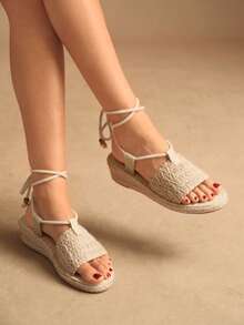 Rosivie Giày sandal vải lanh nữ mùa hè mới, kiểu dáng retro, giày rơm, thoáng khí, thấm hút mồ hôi, làm thủ công, giày vải lanh nữ. - Màu be - Xem 2