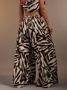 Hauture 女士抽象印花褶裥阔腿宽松休闲长裤 - 咖啡棕 - 查看 6