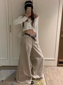 DAZY Vintage Washed Loose High Waist Slimming Wide Leg Straight Dragging Jeans - Khaki - View 3