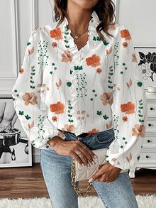 EMERY ROSE 女士休闲度假灯笼袖印花V领衬衫 - 彩色 - 查看 3