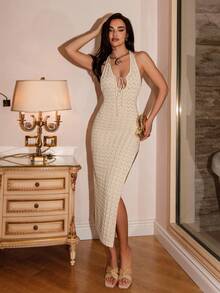 SHEIN Glamour Women's Halter Backless Hollow Out Knitted Dress, Elegant Women Knitted Dress, Spring/Summer - Apricot - View 3