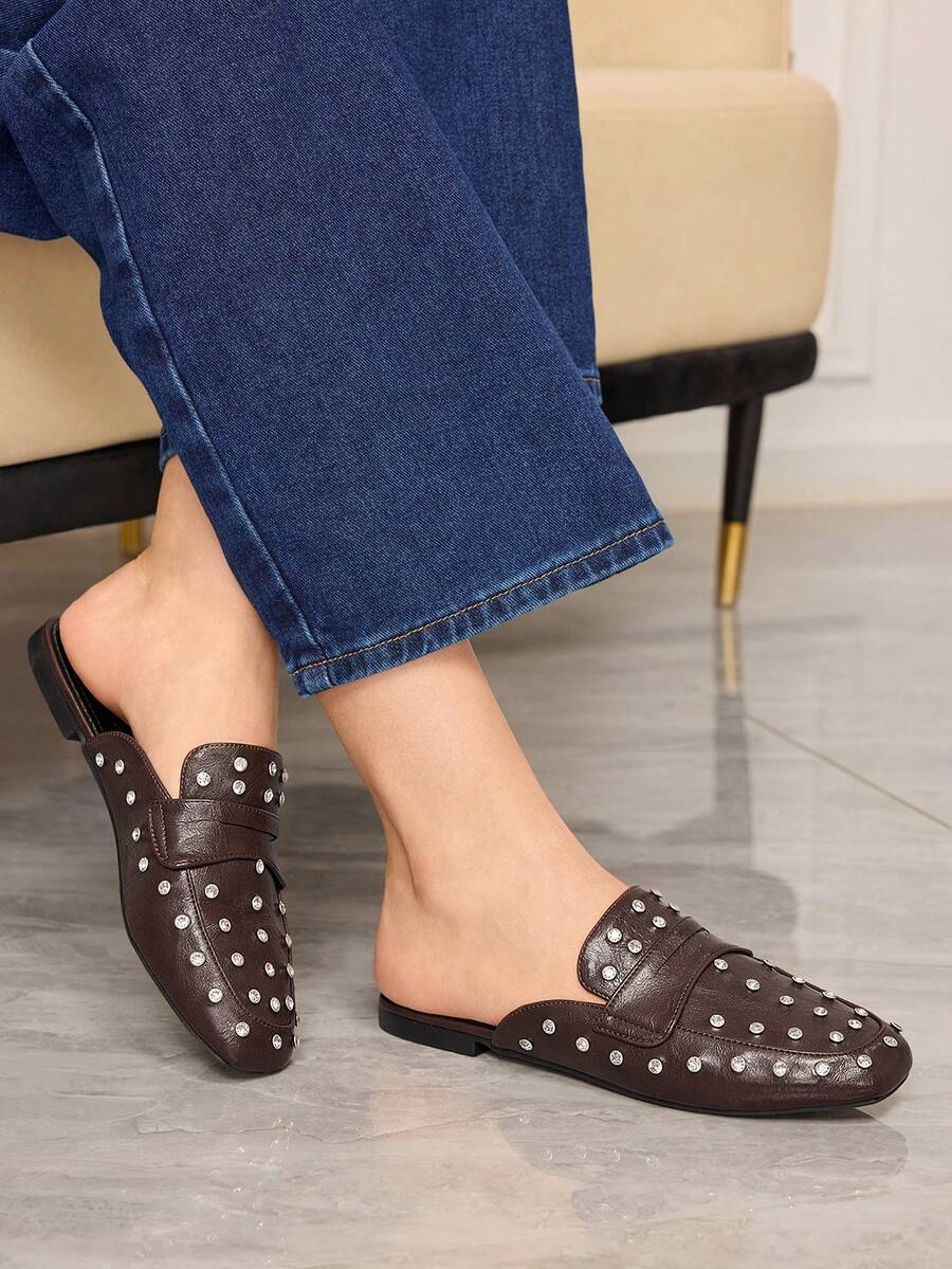 MOTF KOREAN STYLE FLAT MULE SLIPPERS FOR WOMEN, SQUARE TOE SLIP-ON BACKLESS CASUAL SANDALS, VERSATILE FOR SPRING & SUMMER - Brown - View 1