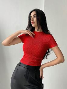 Aloruh 女士纯色提花针织短袖圆领上衣 - 紅色 - 查看 4