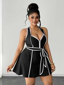 Maweii Plus Size Contrast Color Halter Sexy Cold Shoulder Jumpsuit - Black and White - View 3